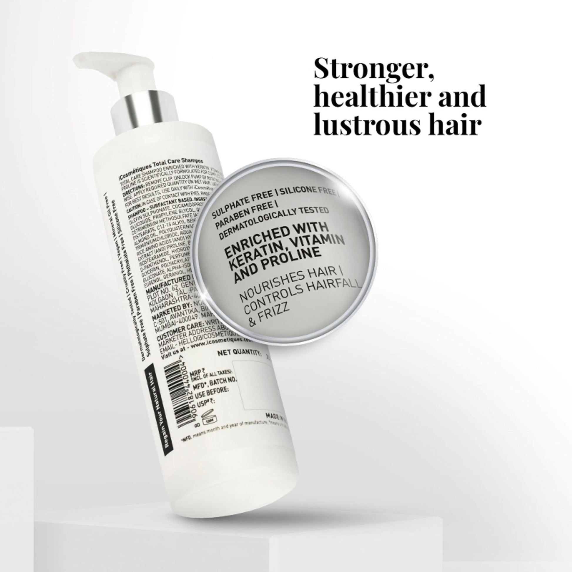 iCosmetiques Shampoo with Keratin - Proline, B5, Reduces Hair Fall & Frizz, Sulphate & Silicone Free