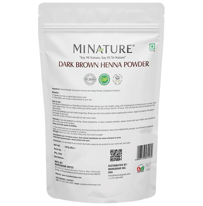 Miniature dark brown henna powder for hair masks, shown in a close-up image with a scoop and powder in a bowl.