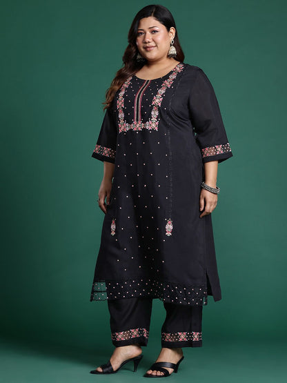 Indyancart Women's Plus Size Floral Embroidered Sequinned Kurta with Trousers & Dupatta
