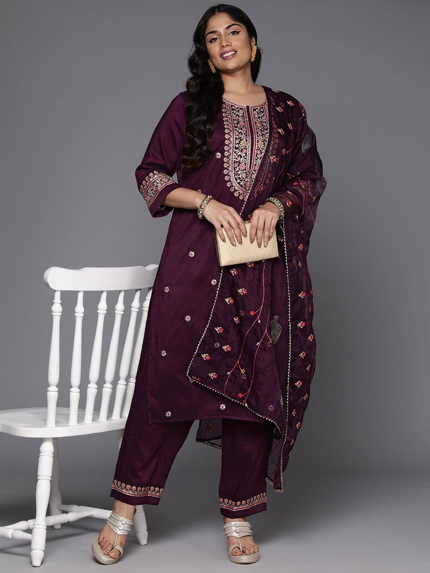Indyancart IE Plus Size Floral Embroidered Embellished Straight Kurta with Trouser And Dupatta