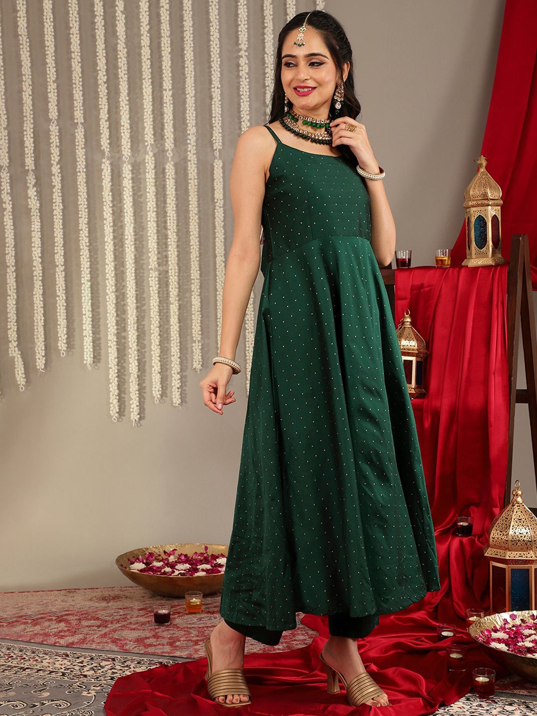 Indyancart VA Women'sWoven Design Shoulder Straps Zari Detail Anarkali Kurta & Trousers With Dupatta