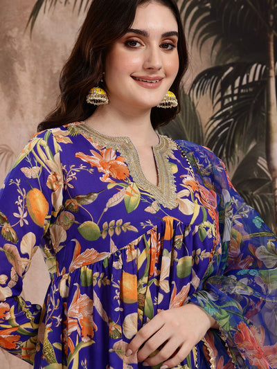 Indyancart SN Women's Floral Print Empire Kurta with Sharara & Dupatta