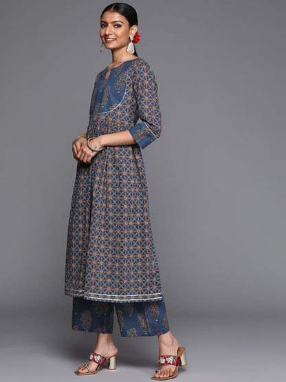 Indyancart VA Women's Blue Ethnic Motifs Printed Pure Cotton Kurta with Trousers & Dupatta