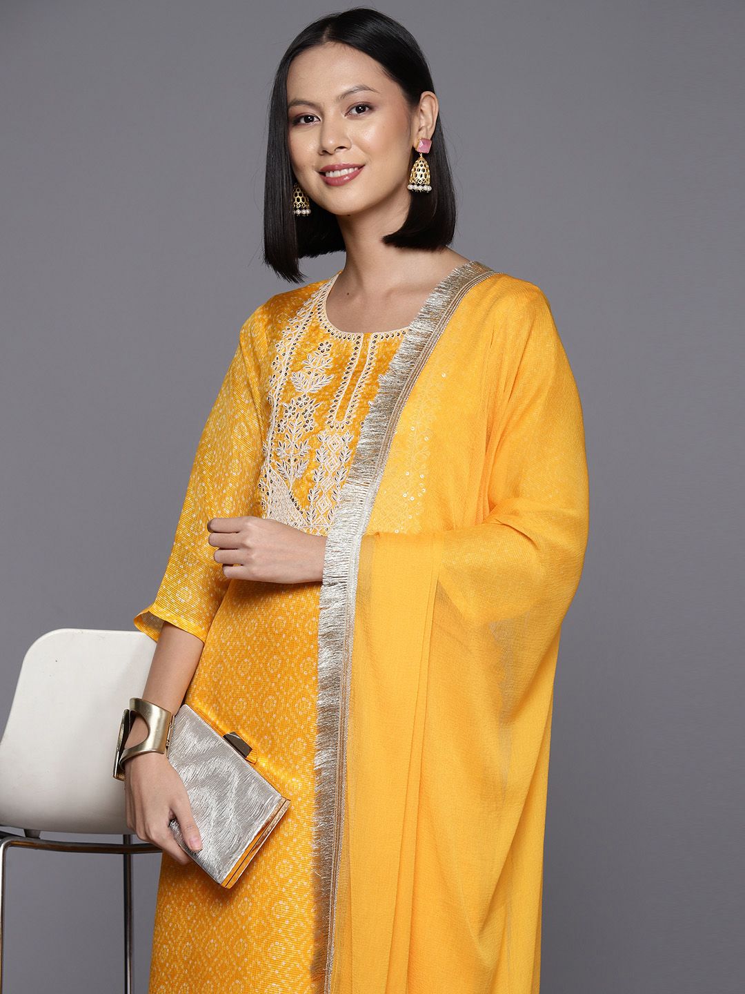 Indyancart VA Women'sBandhani Printed Regular Sequinned Kurta with Trousers & Dupatta