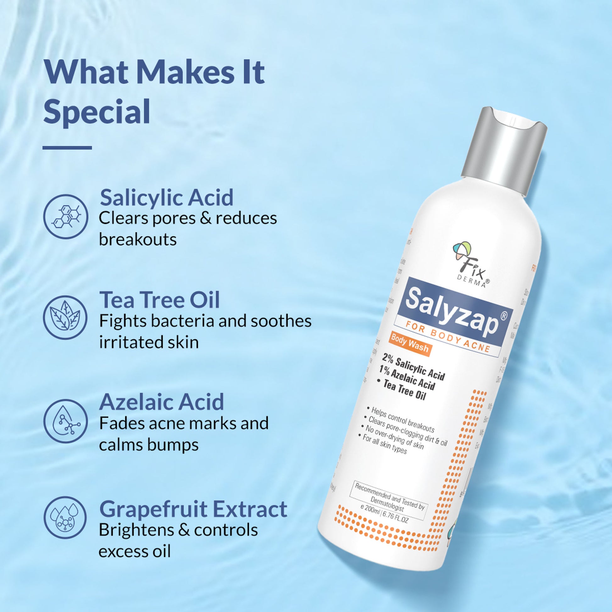 Fixderma Salyzap 2% Salicylic Acid Body Wash Acne Control Back Acne Body Wash for Women & Men