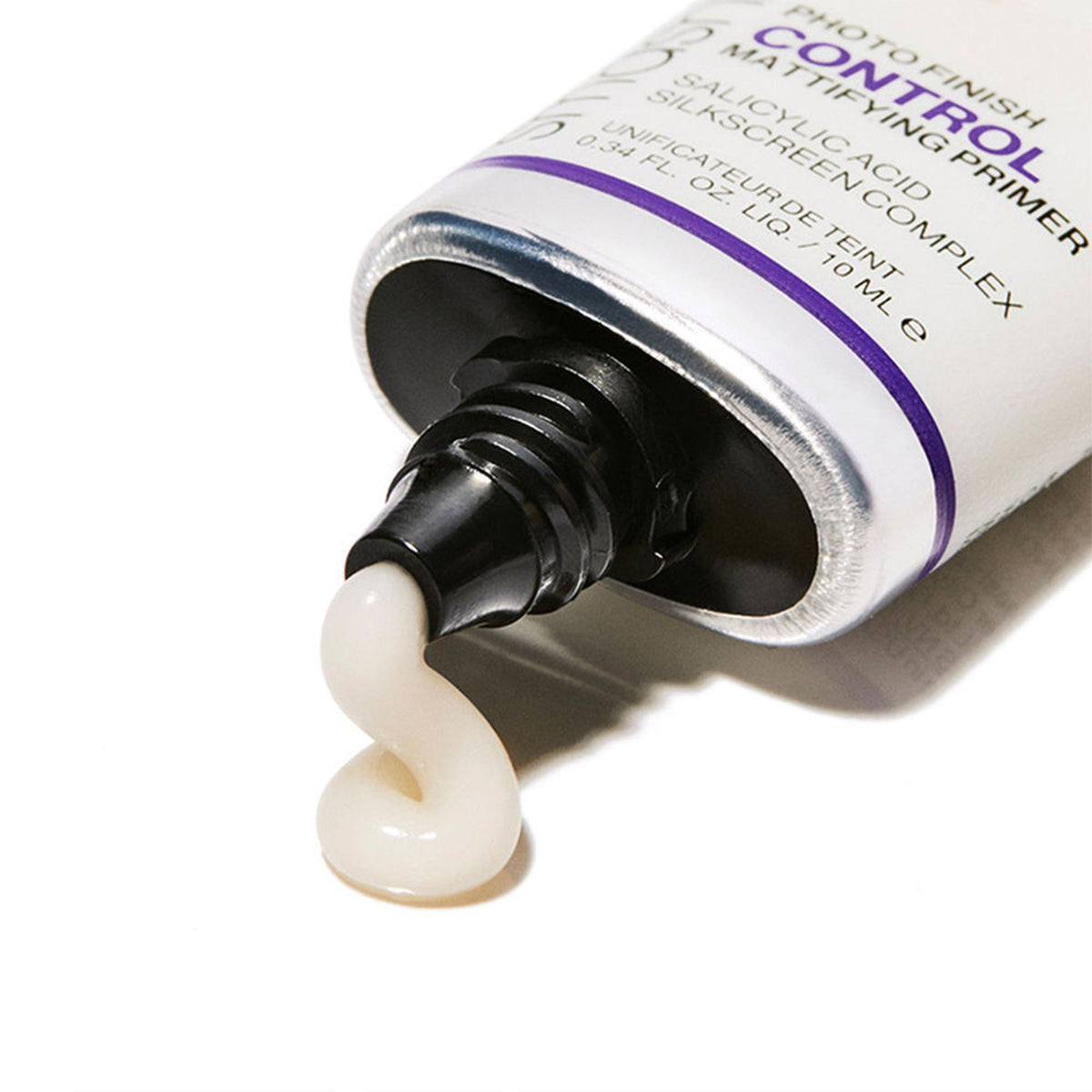 Smashbox Photo Finish Control Mattifying Primer with Salicylic Acid, clear tube showing primer formula and applicator.