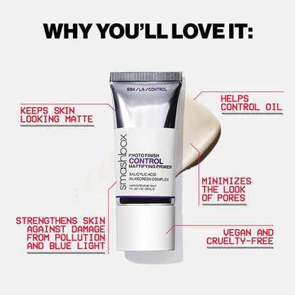 Smashbox Photo Finish Control Mattifying Primer with Salicylic Acid, smooth and matte finish in a sleek tube.
