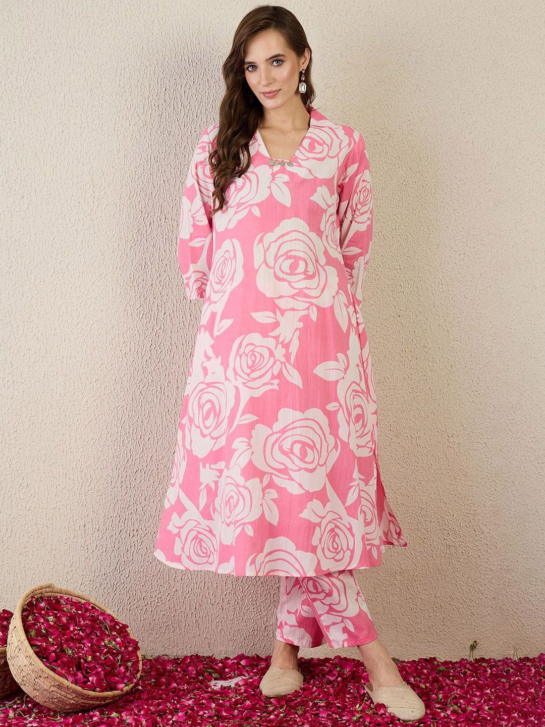 Indyancart IE Printed Pure Cotton Collar Neck Top With Trousers A-Line Co-Ords