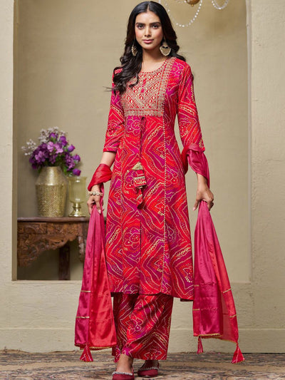 Indyancart SN Women's Bandhani Printed Sequinned Kurta with Palazzo & Dupatta