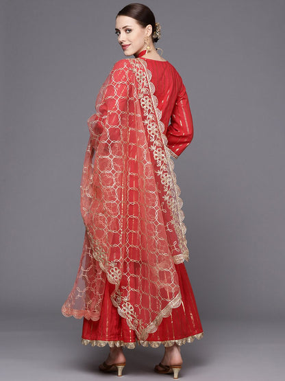Indyancart VA Women's Red Striped Kurta with Sharara & With Dupatta
