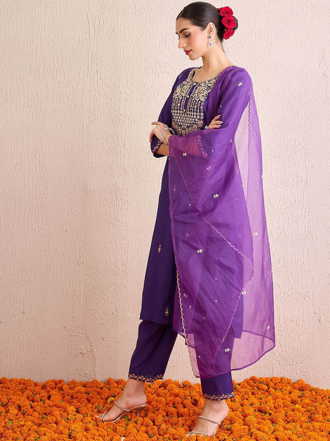 Women Ethnic Motifs Embroidered Regular Sequinned Kurta with Trousers & With Dupatta