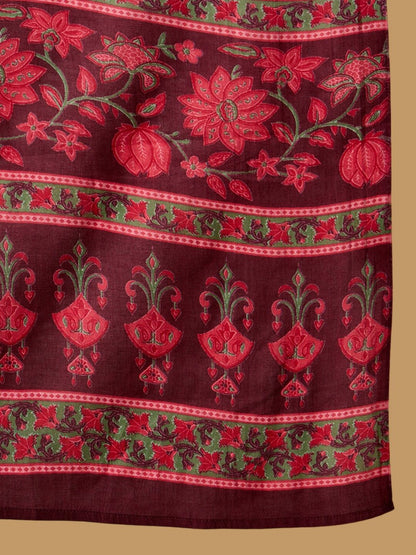 Indyancart IE Floral Printed Empire Pure Cotton A-Line Kurta with Trousers & Dupatta