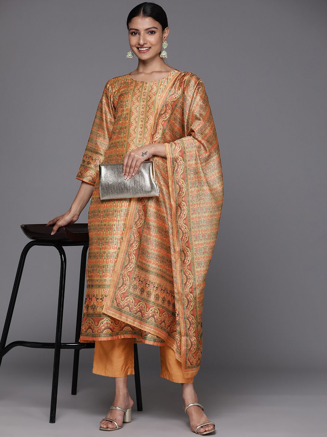 Dhiyona VA Women's Coral Printed Regular Chanderi Silk Kurta with Trousers & With Dupatta