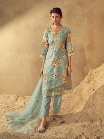 Indyancart VA Women'sSea Green Floral Printed Round Neck Kurta with Trousers & Dupatta