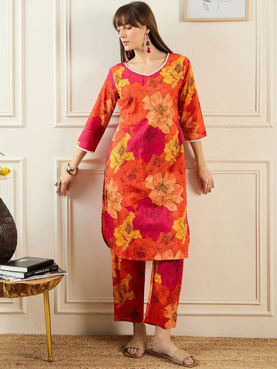 Dhiyona IE Floral Printed V-Neck Pure Cotton Straight Kurta With Trousers