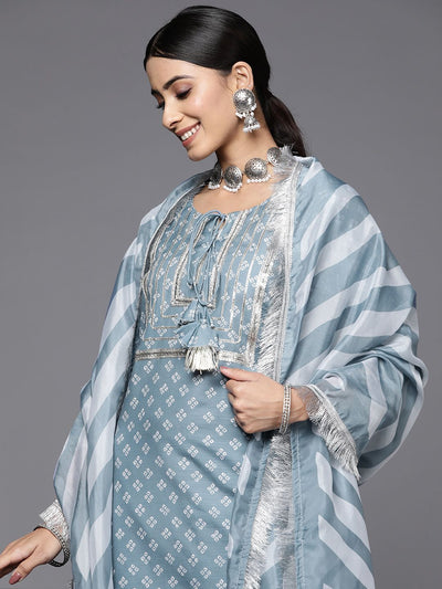 Indyancart VA Women's Grey Bandhani Yoke Design Sequinned Kurta with Trousers & Dupatta