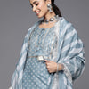 Dhiyona VA Women's Grey Bandhani Yoke Design Sequinned Kurta with Trousers & Dupatta