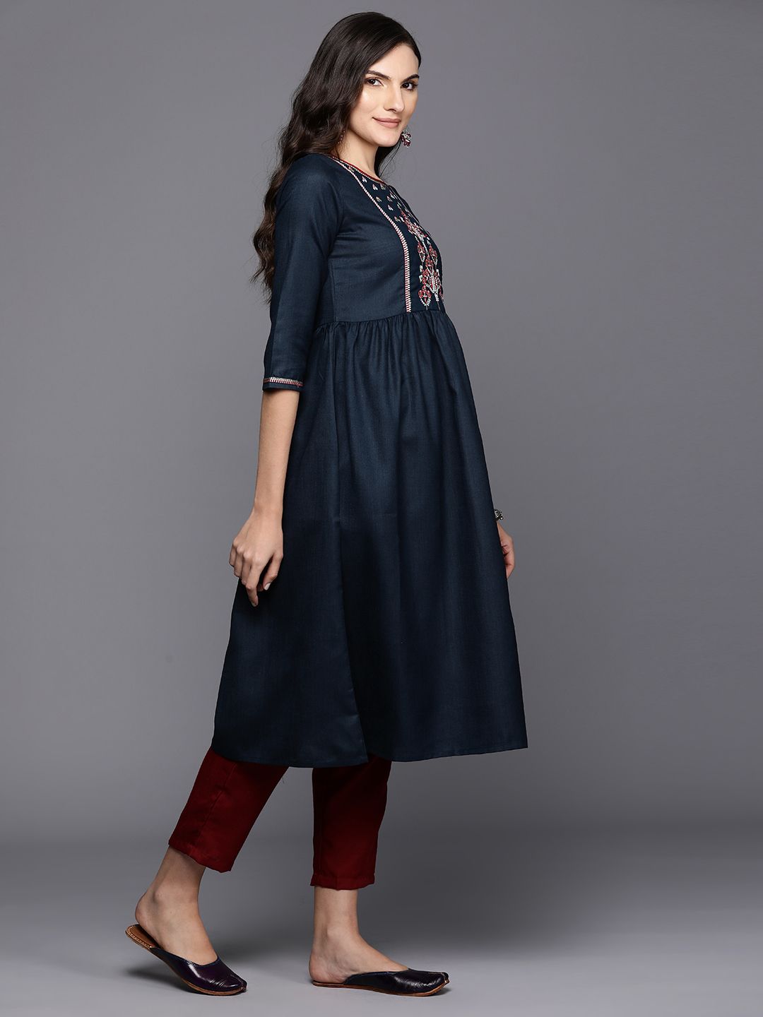 Dhiyona IE Floral Embroidered Gathered Detail Empire Style A-Line Kurta