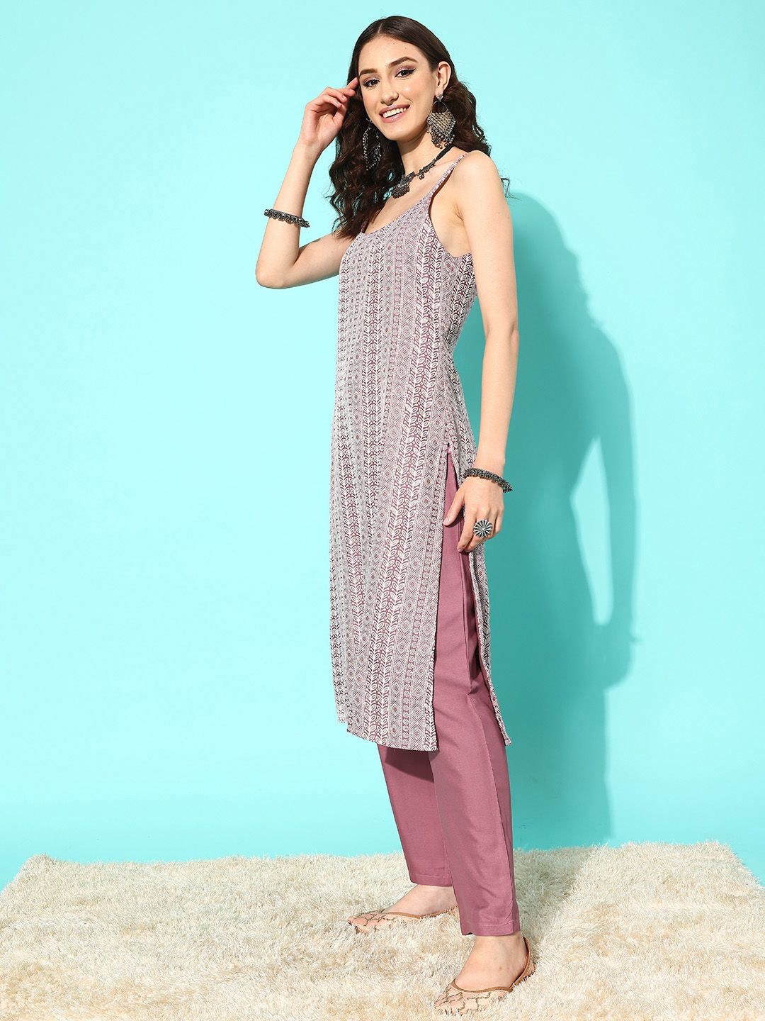 Indyancart VA Women's Mauve Ethnic Motifs Embroidered Regular Kurta with Trousers & With Dupatta