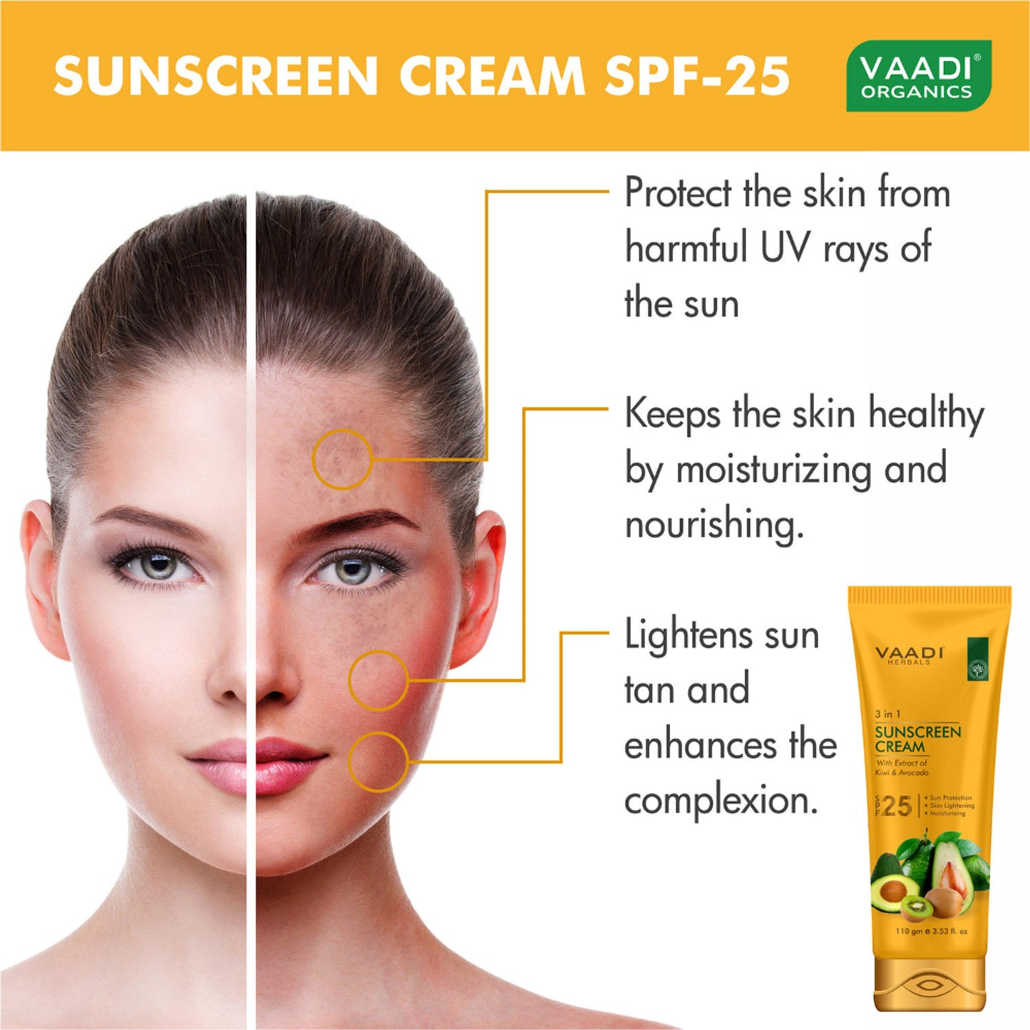 Vaadi Herbals 3 In 1 Sunscreen Cream with Extract Of Kiwi & Avocado