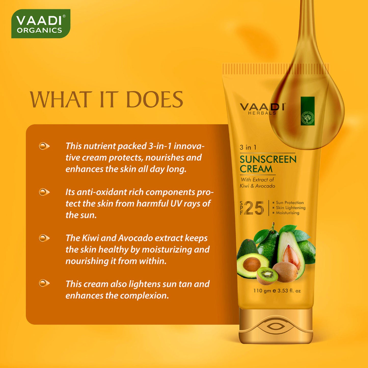 Vaadi Herbals 3 In 1 Sunscreen Cream with Extract Of Kiwi & Avocado