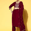 Indyancart VA Women'sWinter Floral Embroidered Velvet Kurta Set with Dupatta