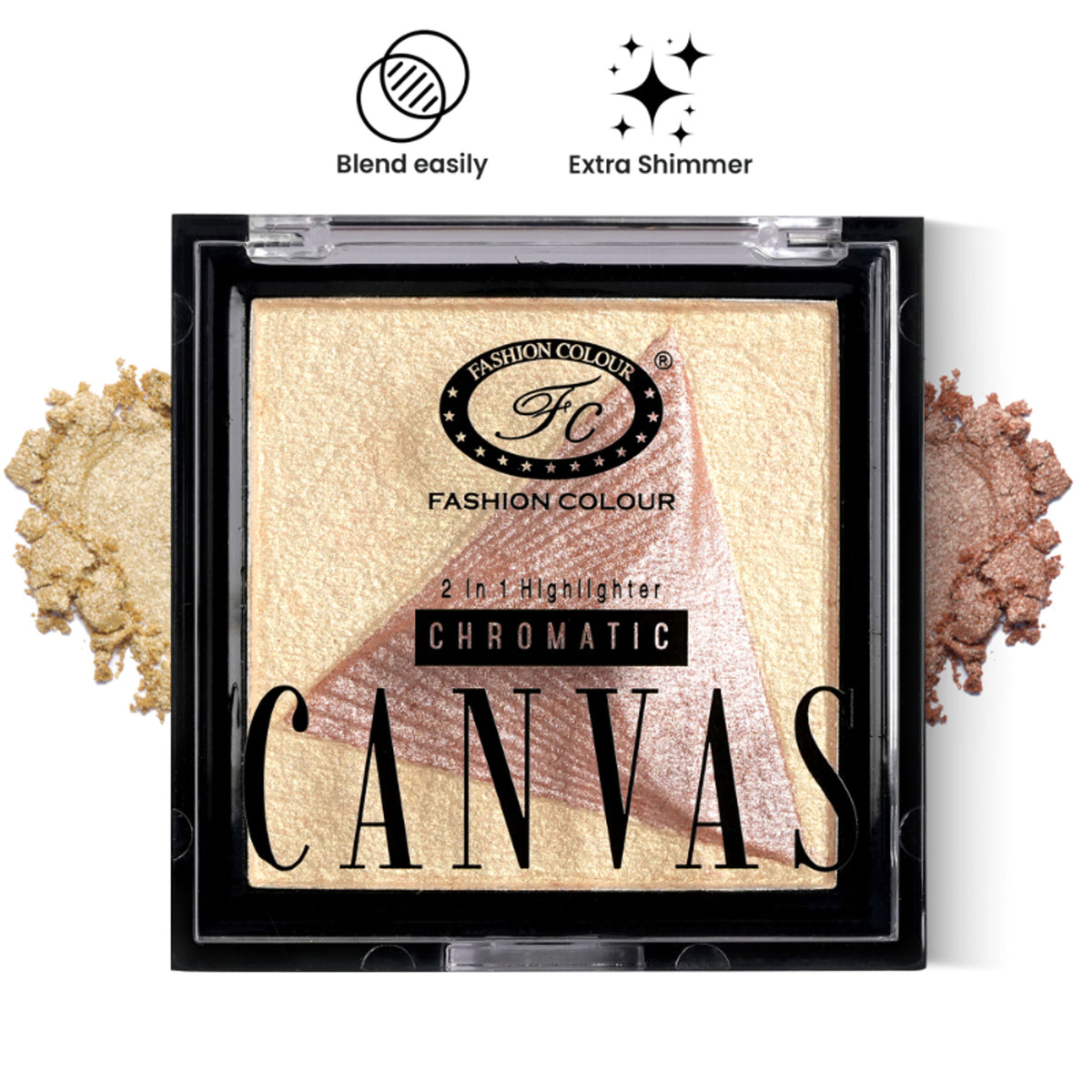 FASHION COLOUR Chromatic Canvas 2-in-1 highlighter in Shade 02, featuring dual-tone design on a light-colored canvas background.