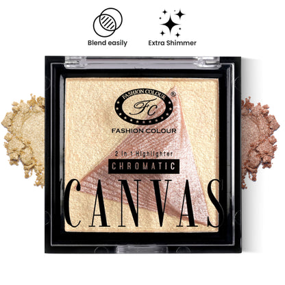 FASHION COLOUR Chromatic Canvas 2-in-1 highlighter in Shade 02, featuring dual-tone design on a light-colored canvas background.
