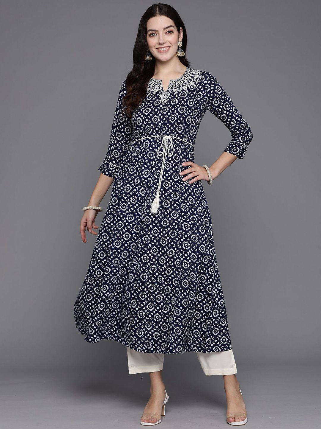 Indyancart IE Pack Of 2 Floral Printed Notch Neck A-Line Kurta