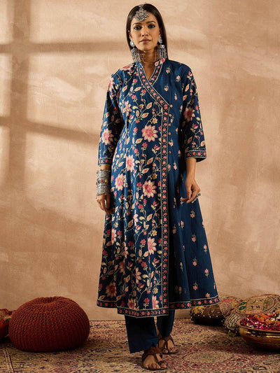 Indyancart IE Women Floral Printed Angrakha Beads and Stones Pure Cotton Kurta with Trousers & With Dupatta
