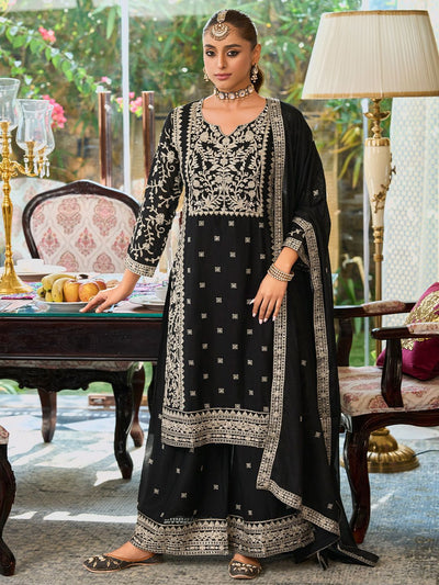 Dhiyona IE Floral Embroidered Round Neck Mirror Work Straight Kurta With Palazzos & Dupatta