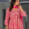 Dhiyona VA Women's Floral Printed Pleated Pure Cotton Kurta with Trousers & With Dupatta
