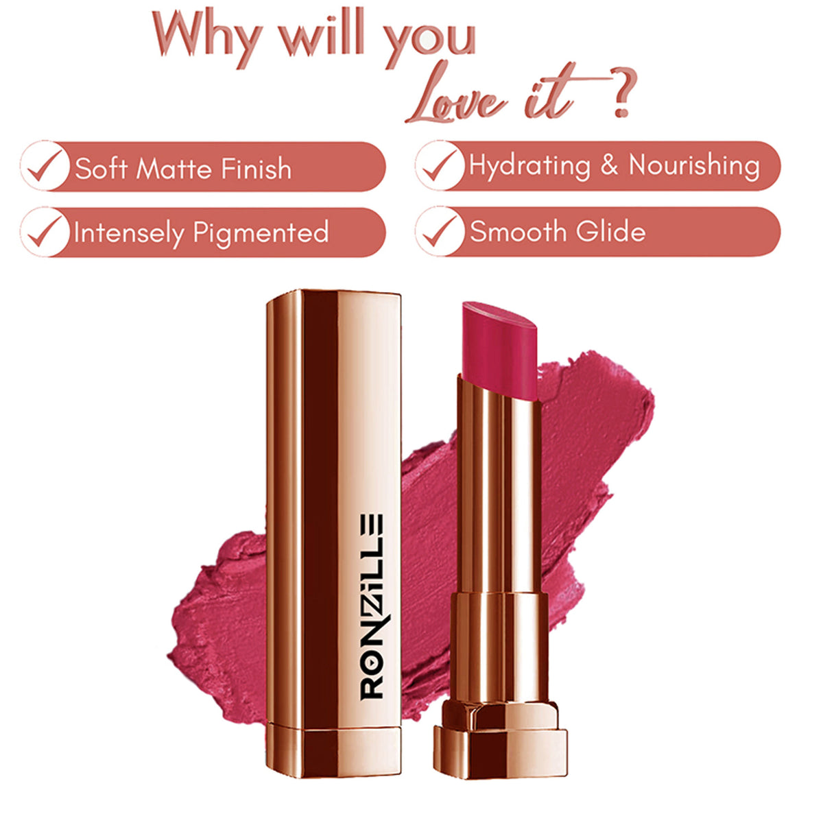 Ronzille Natural Colored Long Stay Matte Lipstick Shade 18, close-up of the smooth, matte lipstick in a neutral shade.