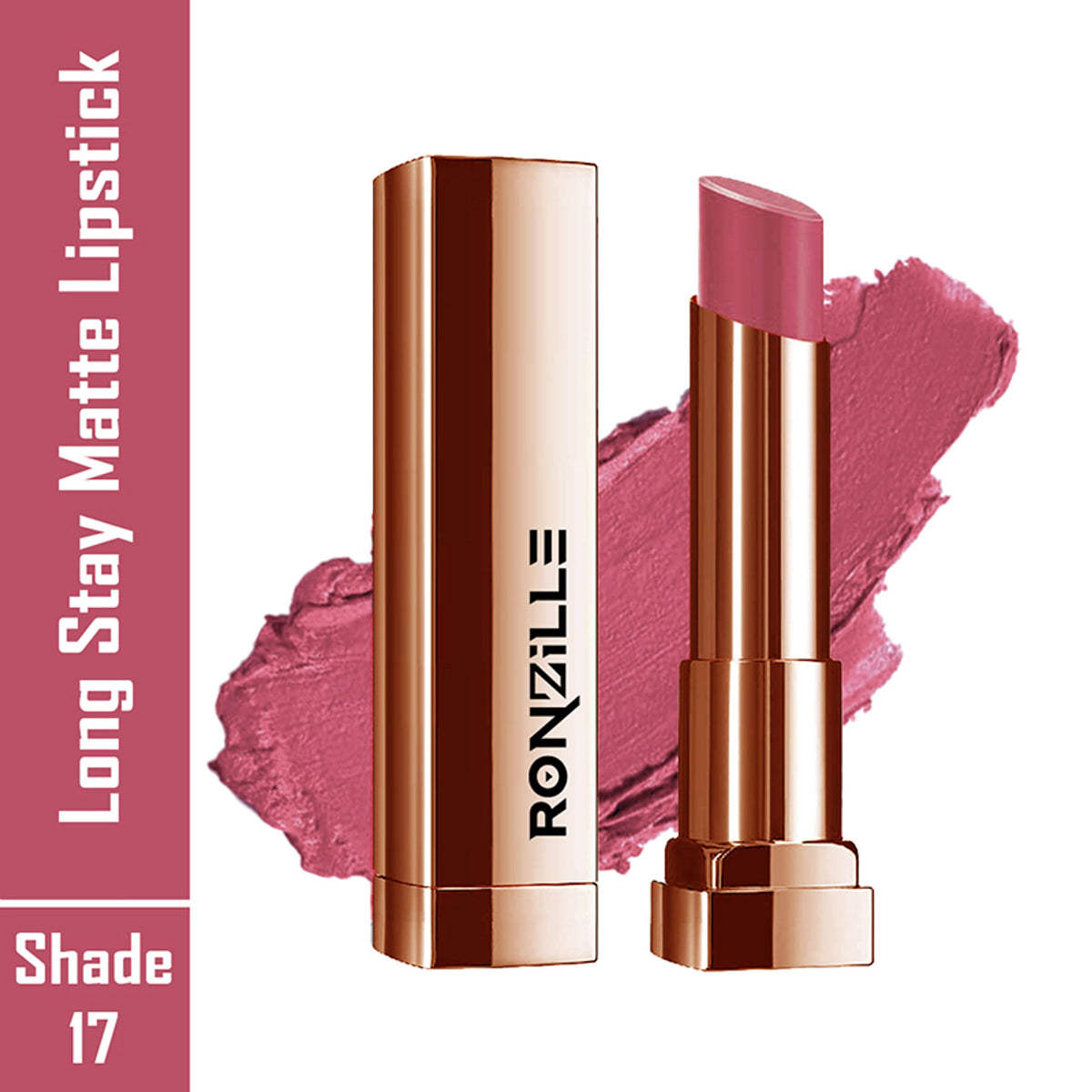 Ronzille Natural Colored Long Stay Matte Lipstick in shades 18 and 17, showing two creamy, matte lipstick swatches on a neutral background.