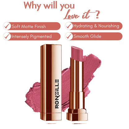 Ronzille Natural Colored Long Stay Matte Lipstick shade 18 and 17, featuring smooth, matte finish in sleek packaging