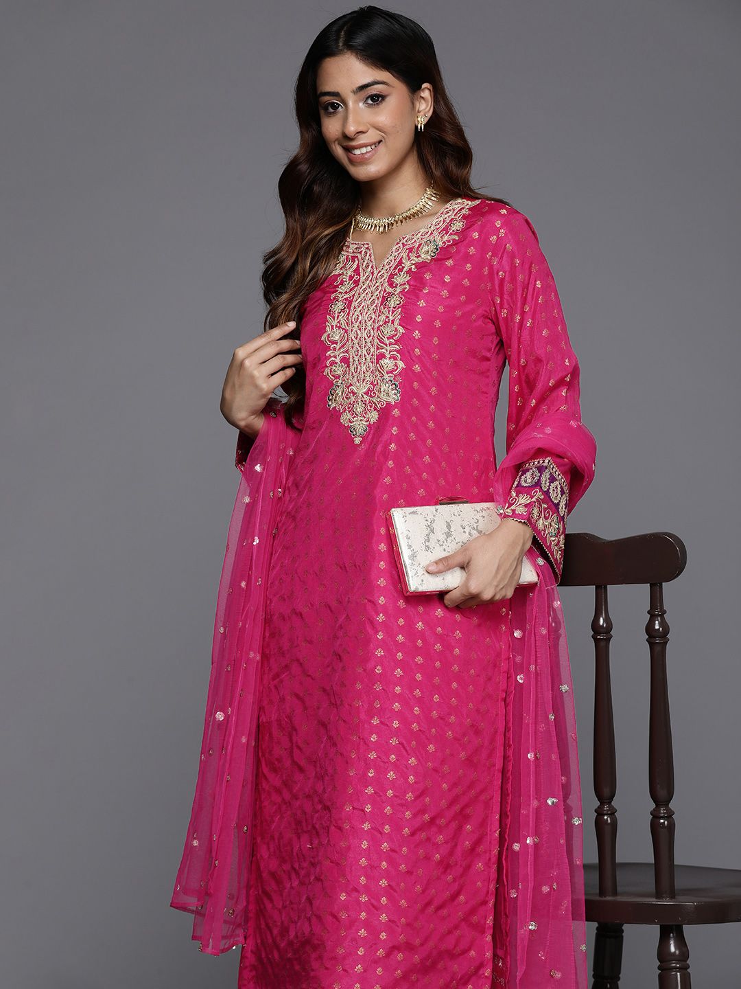 Indyancart VA Women'sEthnic Motifs Woven Design Sequinned Kurta with Trousers & Dupatta