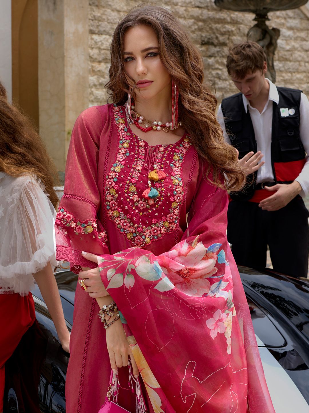 Indyancart IE Floral Embroidered Kurta With Trousers & Dupatta