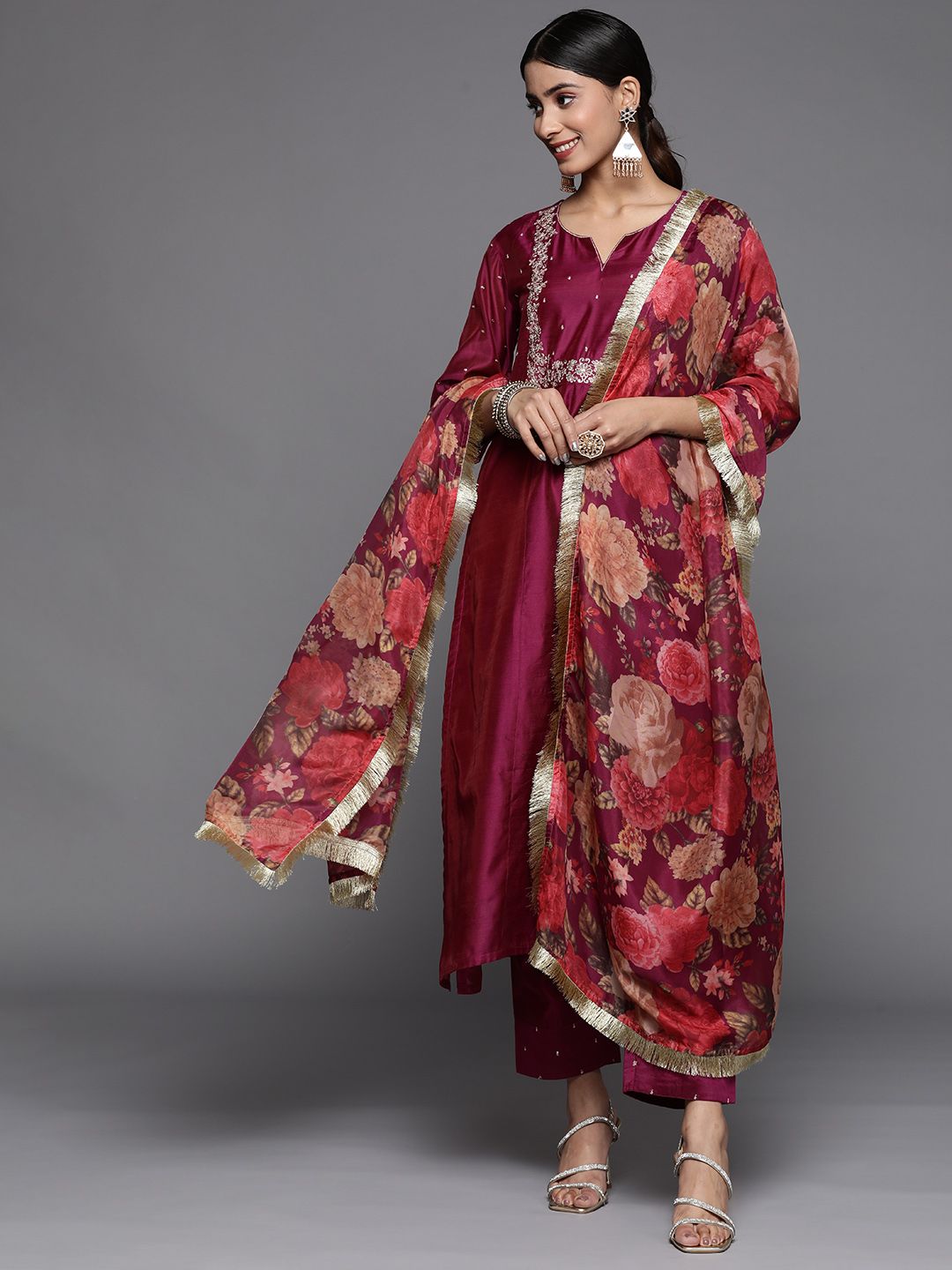 Indyancart VA Women's Yoke Design Sequinned Chanderi Silk Kurta With Trousers & Dupatta
