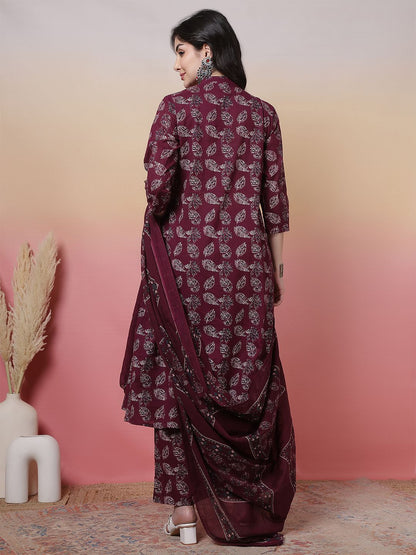 Indyancart SN Women's Floral Printed Mandarin Collar Pure Cotton Anarkali Kurta With Trouser & Dupatta