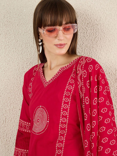 Indyancart IE Ethnic Motifs Printed Pure Cotton V-Neck A-Line Kurta With Trousers & Dupatta