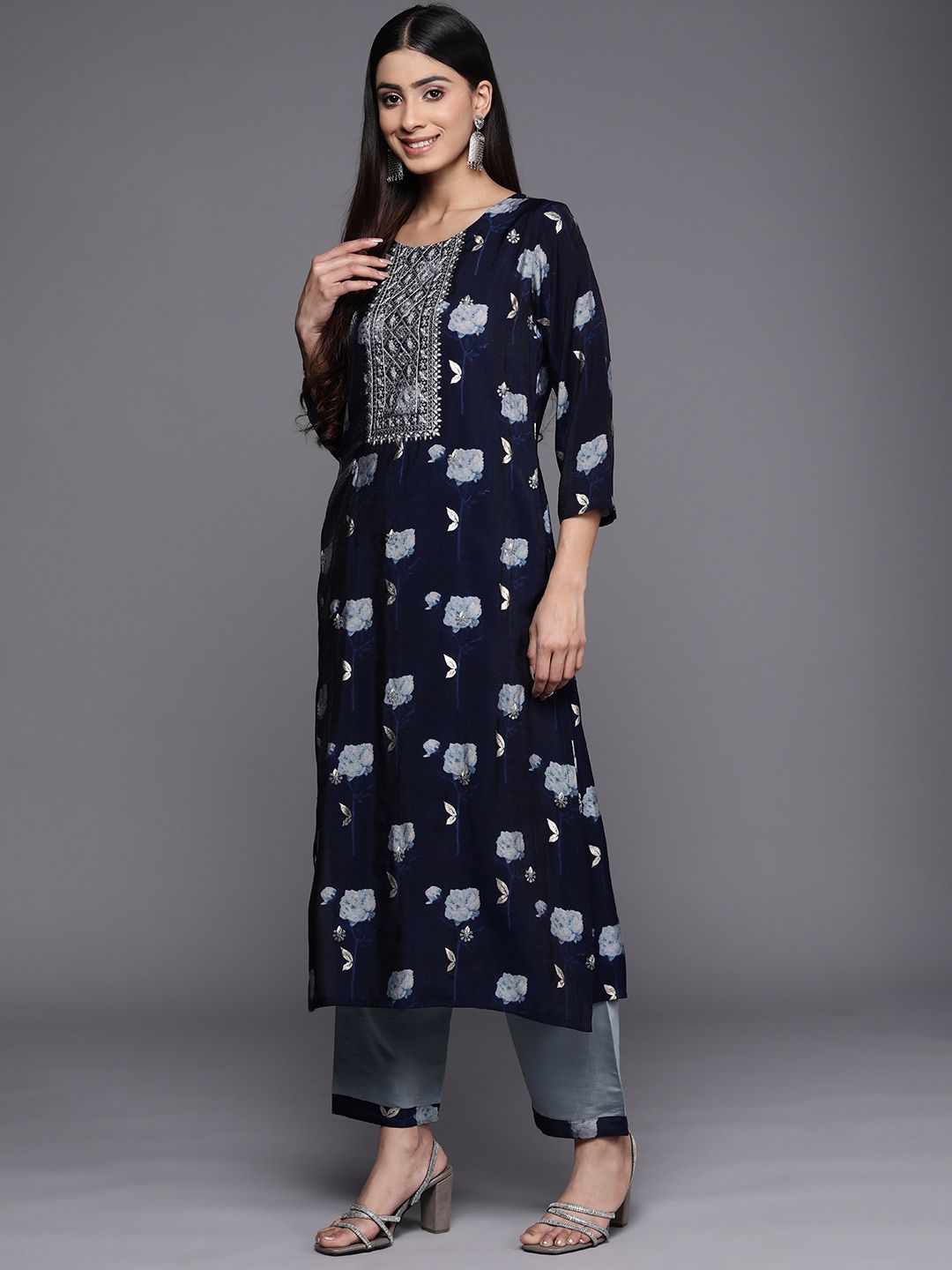 Indyancart VA Women'sFloral Yoke Design Sequinned Chanderi Silk Kurta with Trousers & With Dupatta