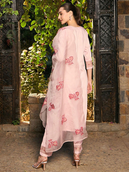 Indyancart IE Floral Embroidered Pure Cotton Straight Kurta With Trousers & Dupatta