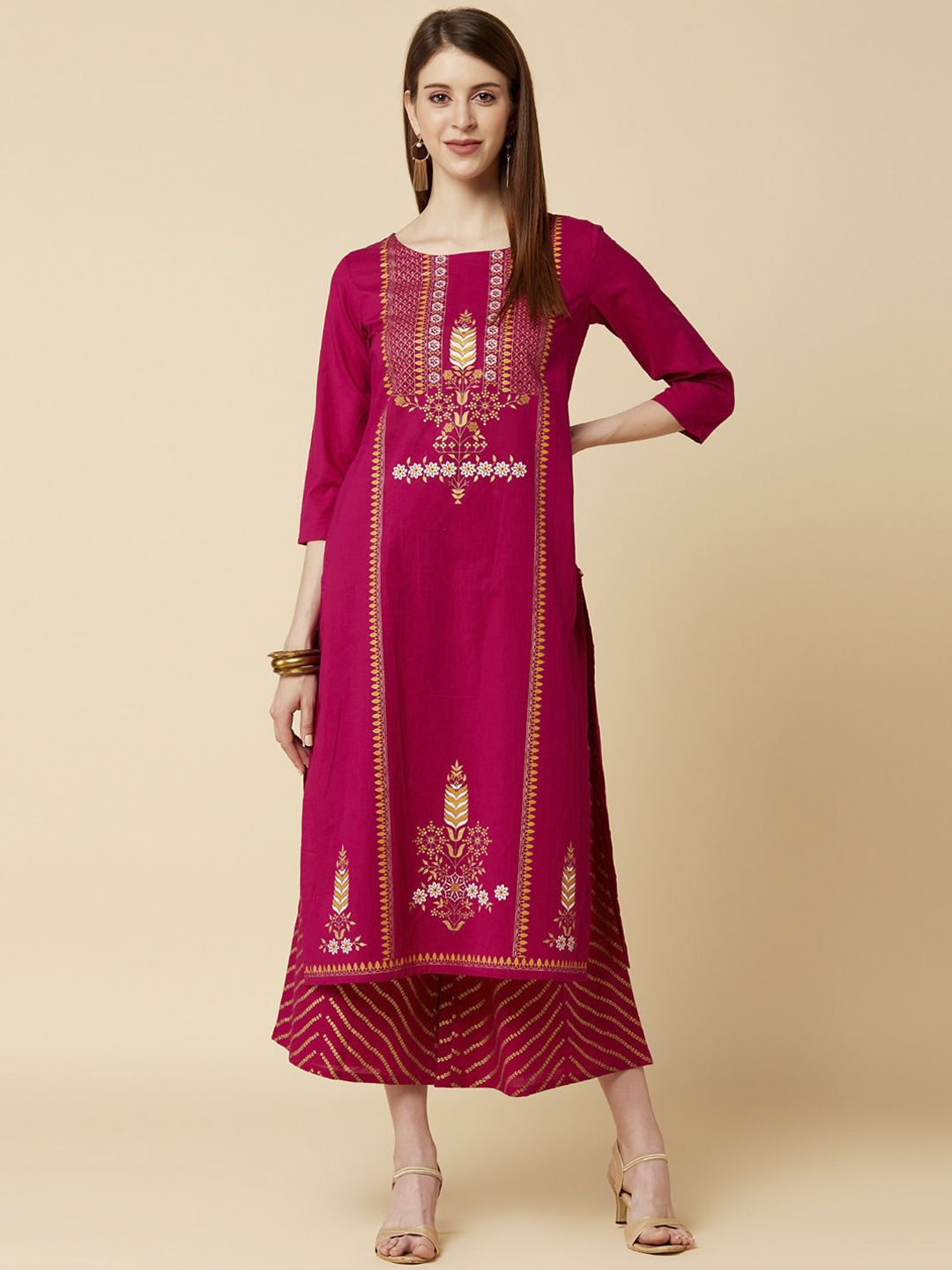 Indyancart VA Women's Magenta Ethnic Motifs Printed Panelled Kurta with Palazzos
