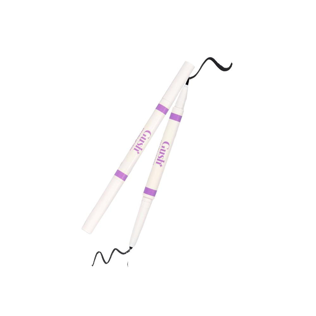 Gush Beauty Eye Like Options 2-in-1 black felt tip eyeliner and creamy kohl pencil, close-up of product with black packaging