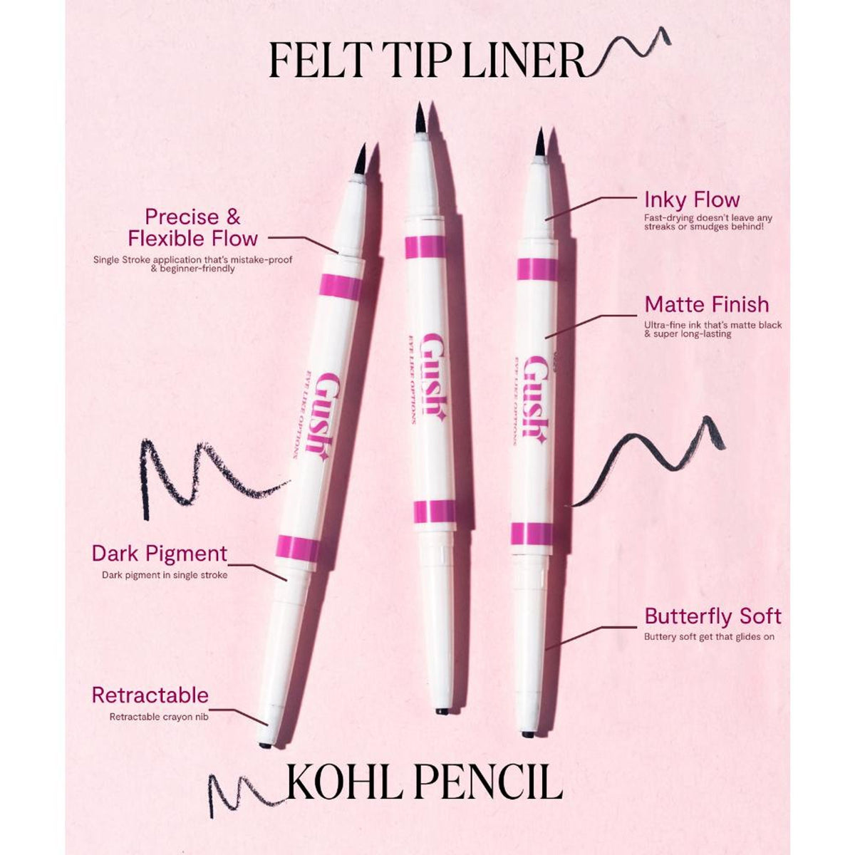 Gush Beauty Eye Like Options 2-in-1 black felt tip eyeliner and creamy kohl pencil, with a sleek design and applicator tip visible.