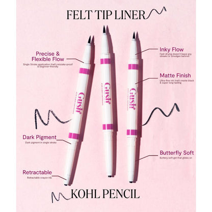 Gush Beauty Eye Like Options 2-in-1 black felt tip eyeliner and creamy kohl pencil, with a sleek design and applicator tip visible.