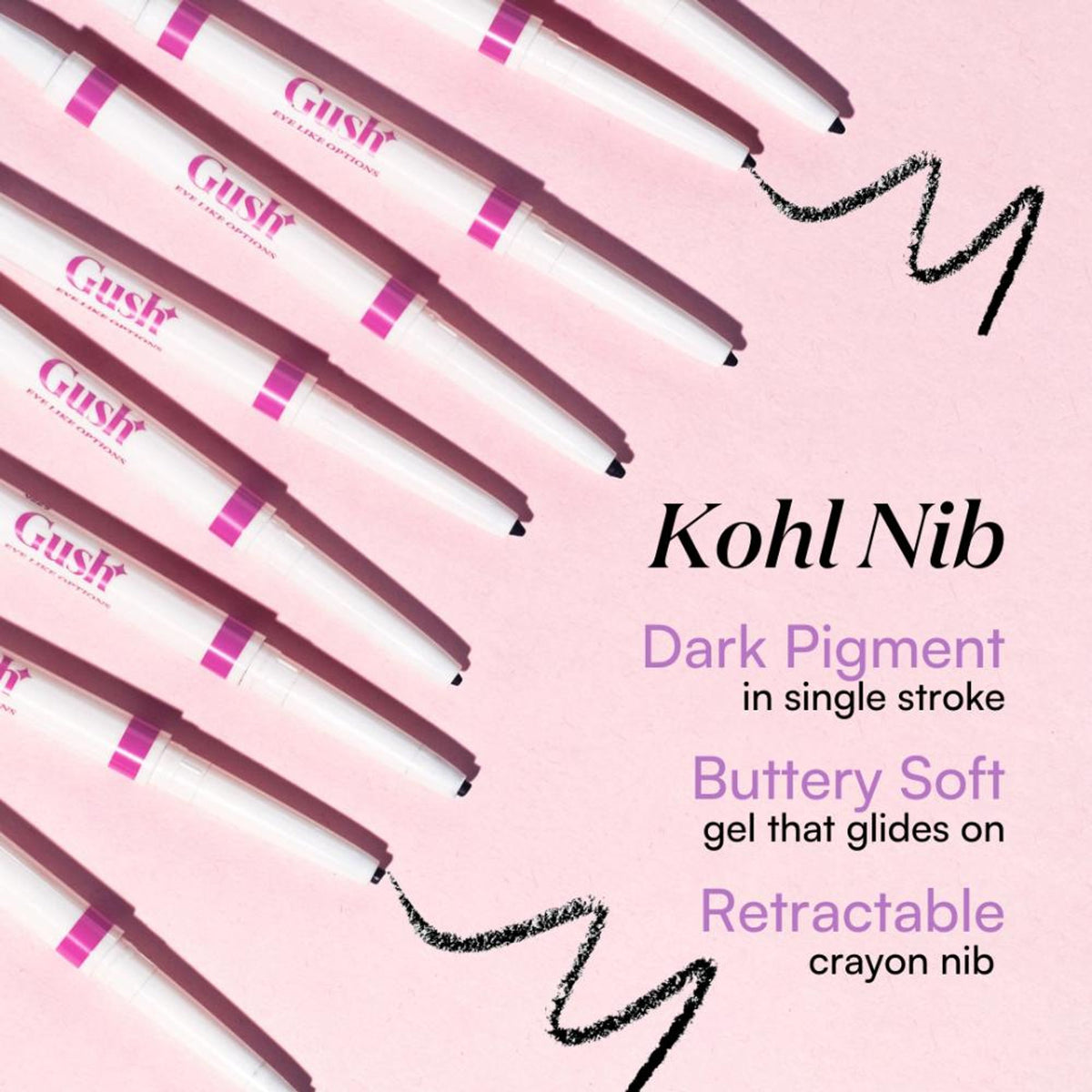 Gush Beauty Eye Like Options 2-in-1 black felt tip eyeliner and creamy kohl pencil for eye makeup.