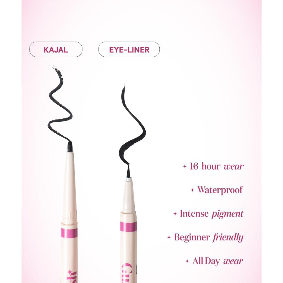 Gush Beauty Eye Like Options 2-in-1 felt tip black eyeliner and creamy kohl pencil, shown in a sleek black design.