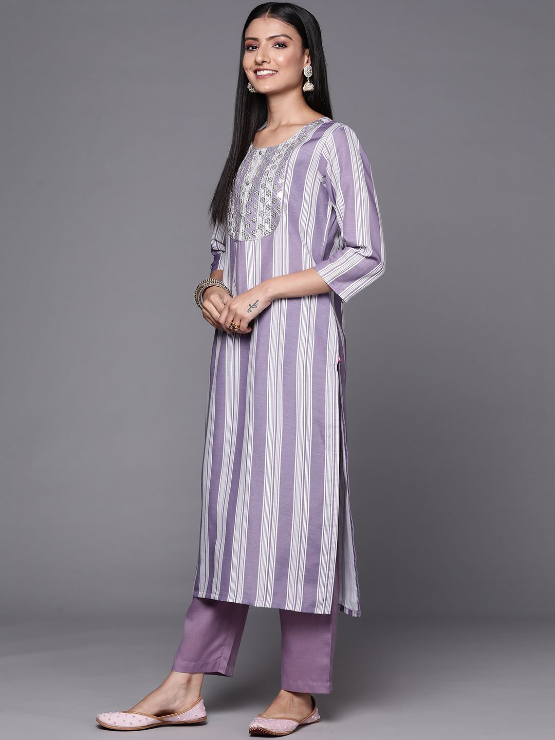 Indyancart VA Women's Lavender & White Embroidered Kurta with Trousers & Dupatta