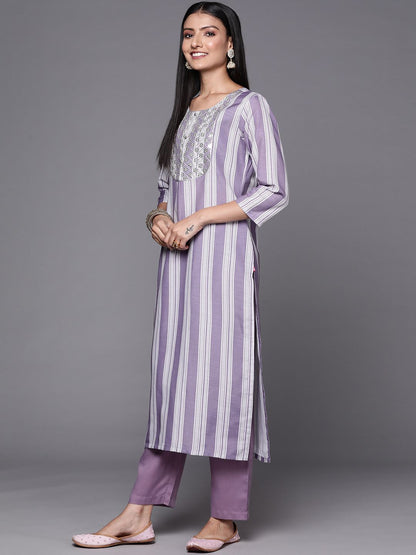 Indyancart VA Women's Lavender & White Embroidered Kurta with Trousers & Dupatta
